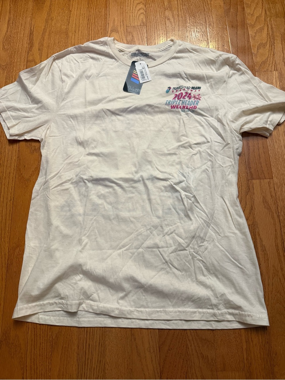 Nascar White Short Sleeve Graphic Tee with Pink & Blue Accents